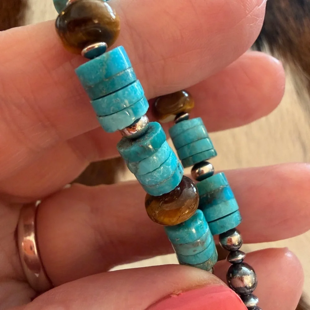 ❤️ 925 Desert Pearl Saucers Kingman Blue Turquoise Tigers Eye Bracelet 6.75+75”L